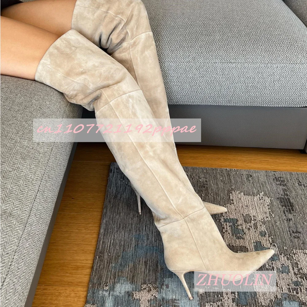 

Winter Apricot Suede Slim-Fit Elastic Pointed Toe Over-The-Knee Boots Elegant Dresses T-Stage Shows Plus Size Women'S Boots 46