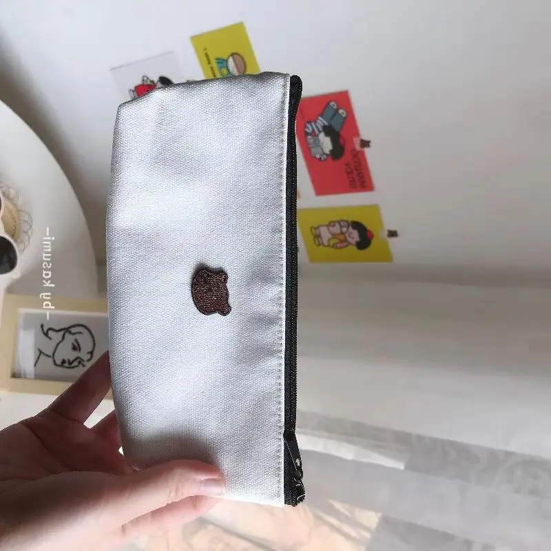 Minimalist Embroidered Canvas Triangular Pencil Case - Bear Design Cosmetic Bag for Friends & Couples