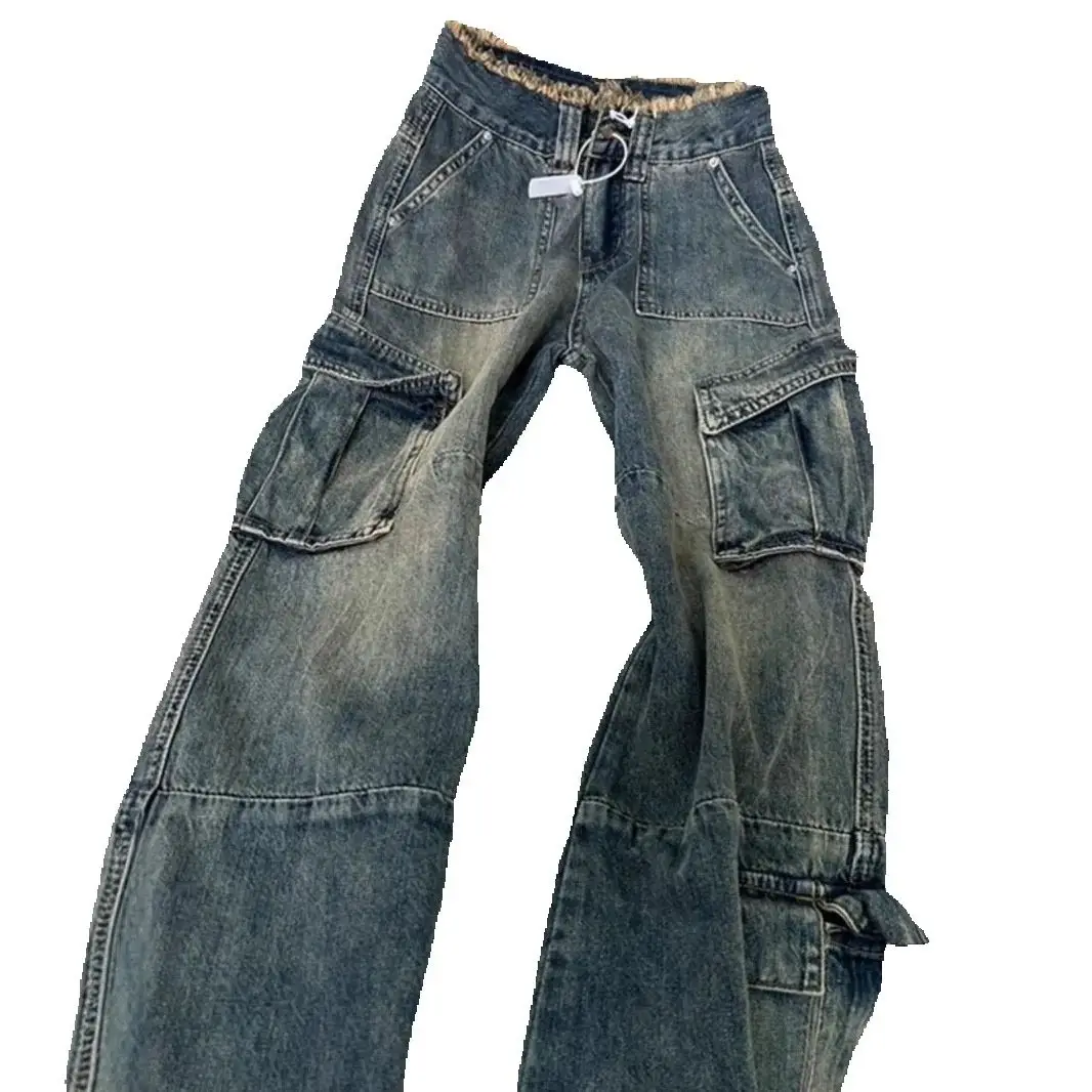 Jeans cargo vintage americani Pantaloni svasati con tasche grandi a vita alta da donna Cintura sfilacciata Streetwear Pantaloni in denim Harajuku Y2K