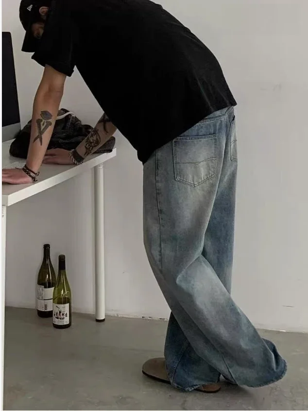 American Sle High Street Vintage Waed Wide Leg Jeans Men's Casual Loose Fit Jeans Retro Straight Leg Trousers