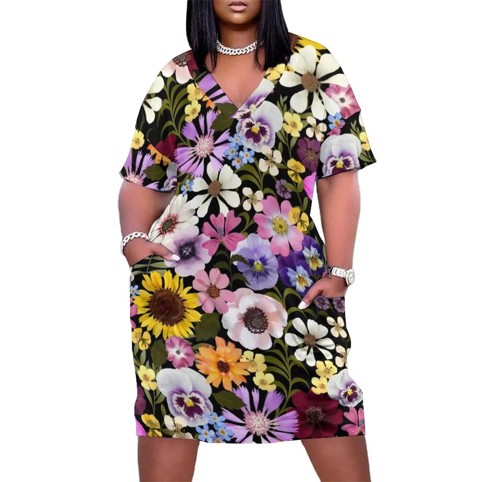 Spring Garden Party floral -black Loose Pocket Dress Female dress Beachwear