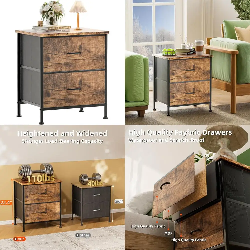 

Two-Drawer Nightstand for Bedroom, Modern Small Dresser with Fabric Storage, Leather-Look Bedside Table