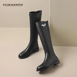 British Style Metal Lock Strap Women Long Boot Round Toe Low Heel Genuine Leather Knee High Boot Side Zipper Riding Knight Boots