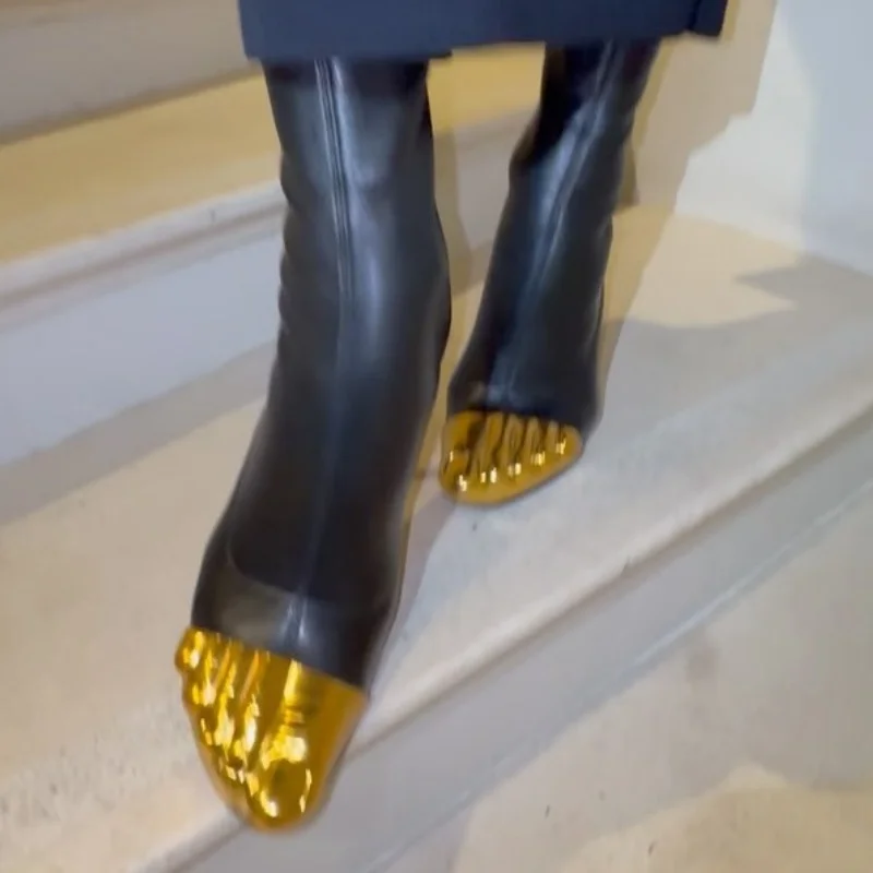 Gold Five Fingers Leather Boots Women Patchwork Back Zipper Mid Calf Stiletto Boots 2025 Ladies Sexy Novelty Party Catwalk Shoes