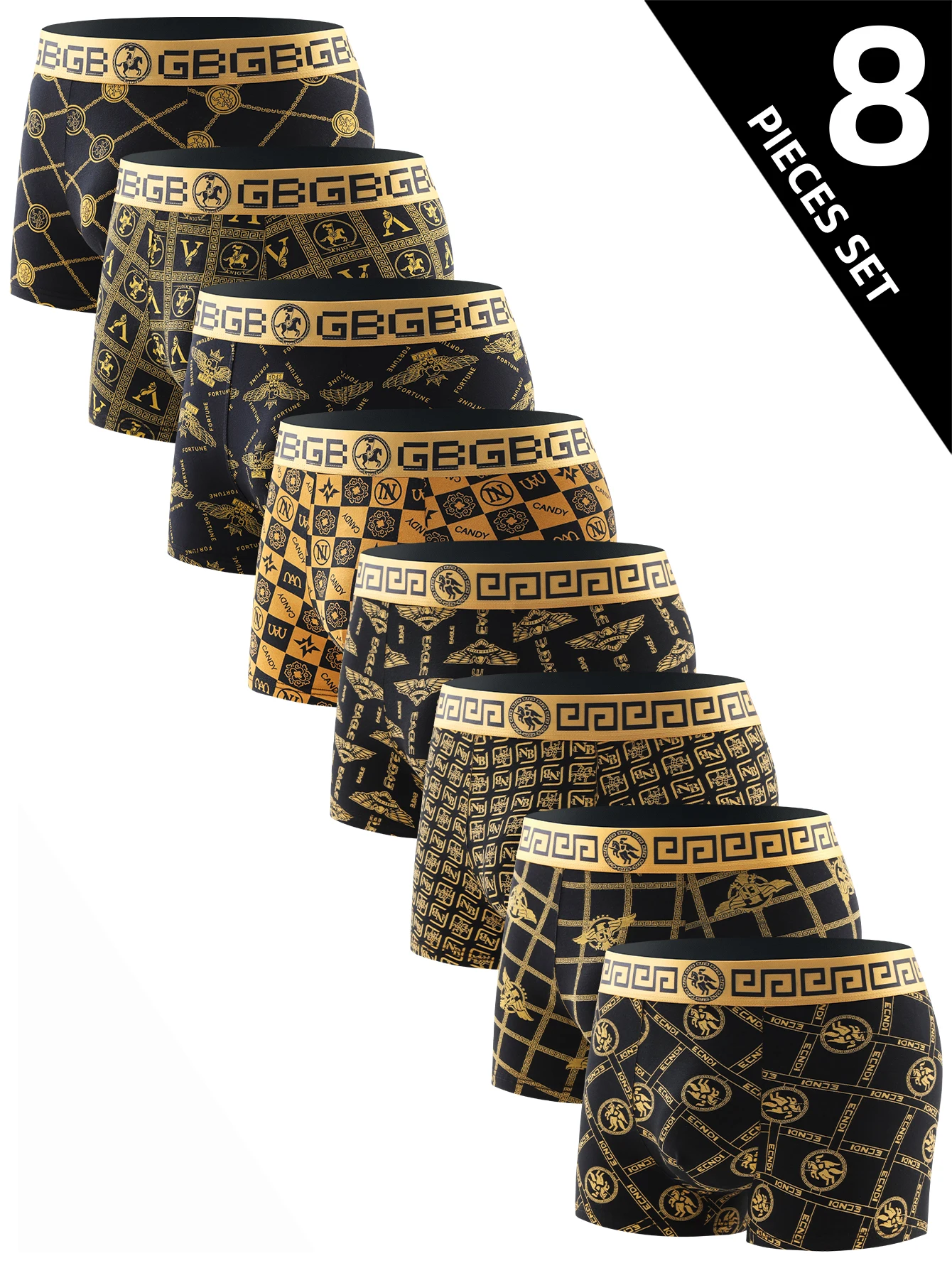 Conjunto de ropa interior de 8 piezas para hombre, calzoncillos Boxer suaves y cómodos de alta calidad, bragas, color negro y dorado, venta dominante de pantalones para hombre