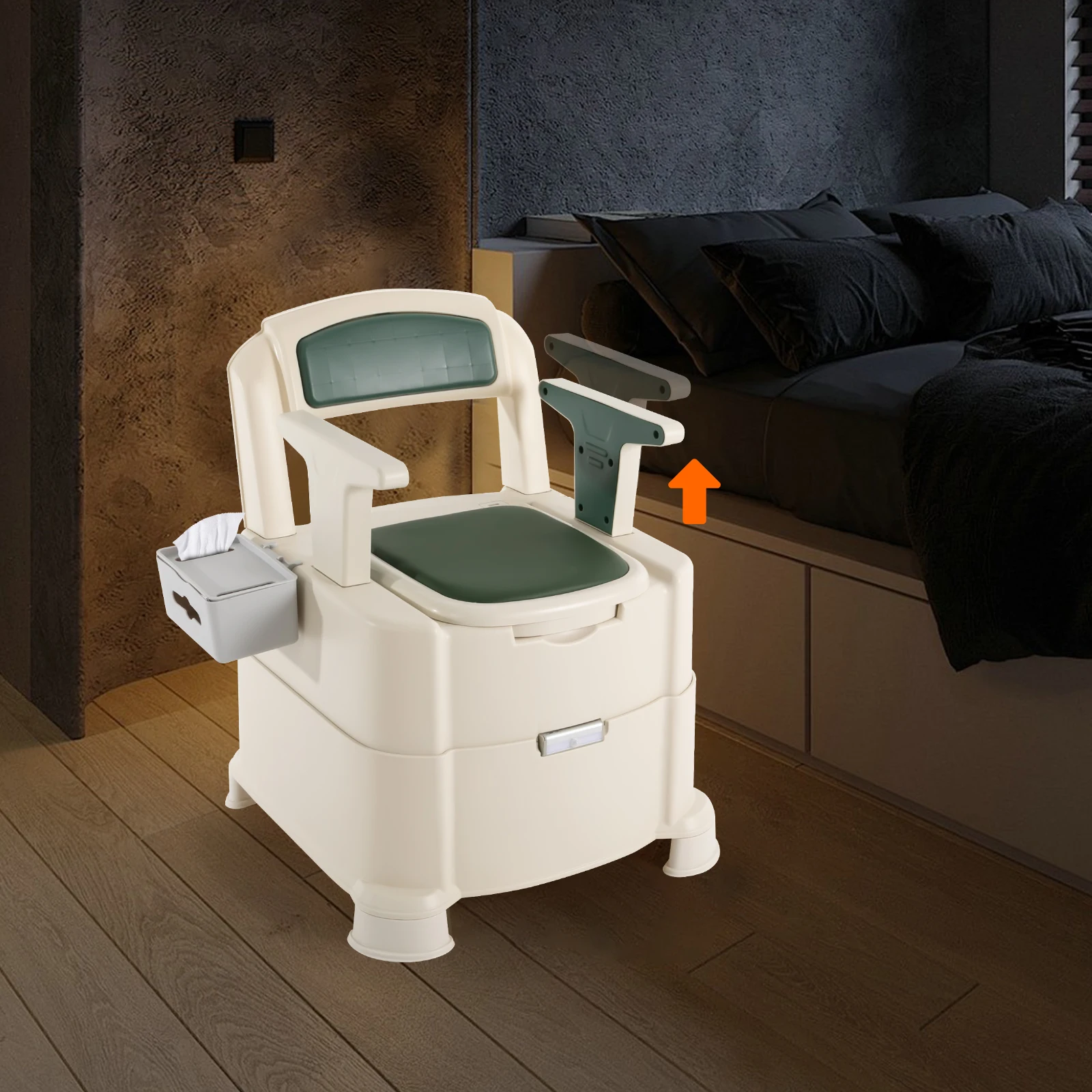 Portable Bedside Commode with High-Quality PP and PU, Stable Construction, Sensor Light for Night Safety, Non-Slip Feet, Easy