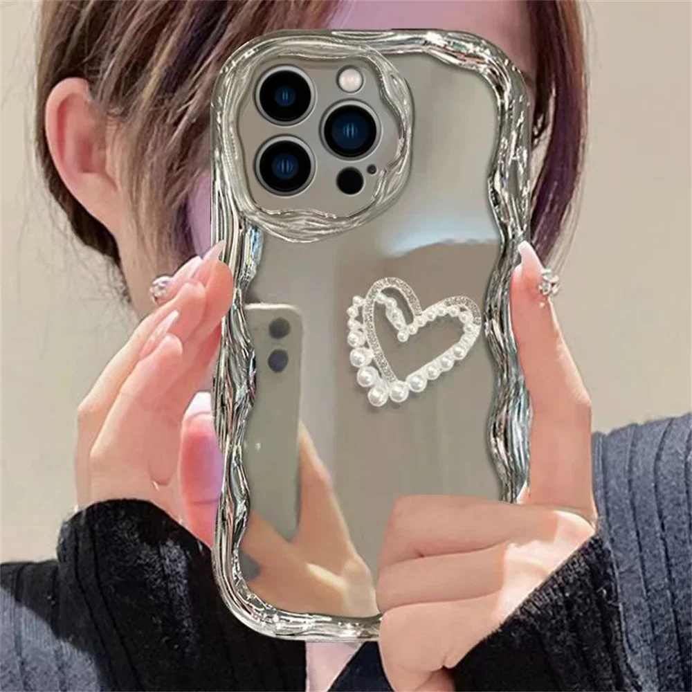 Luxury 3D Silver Pearl Heart Wavy Phone Case For iPhone 16 15 14 13 11 12 Pro Max Plus  7 8 Plus Soft Shockproof Cover
