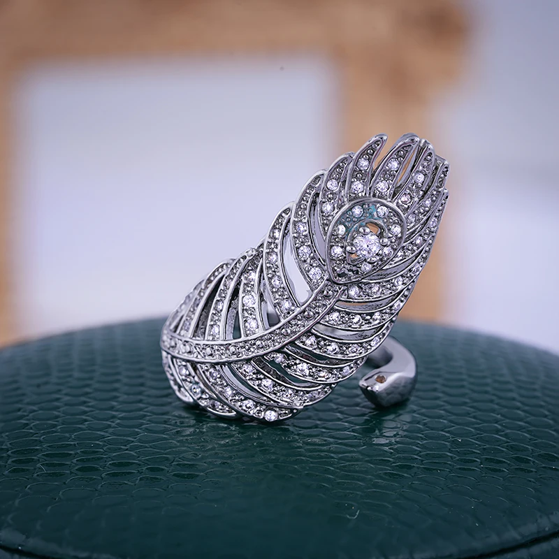 

925 Silver Plated Ring for Women's AAAA Zircon Feather Leaf Shaped Ring Fashion Birthday Gift Adjustable Ring Jewelry