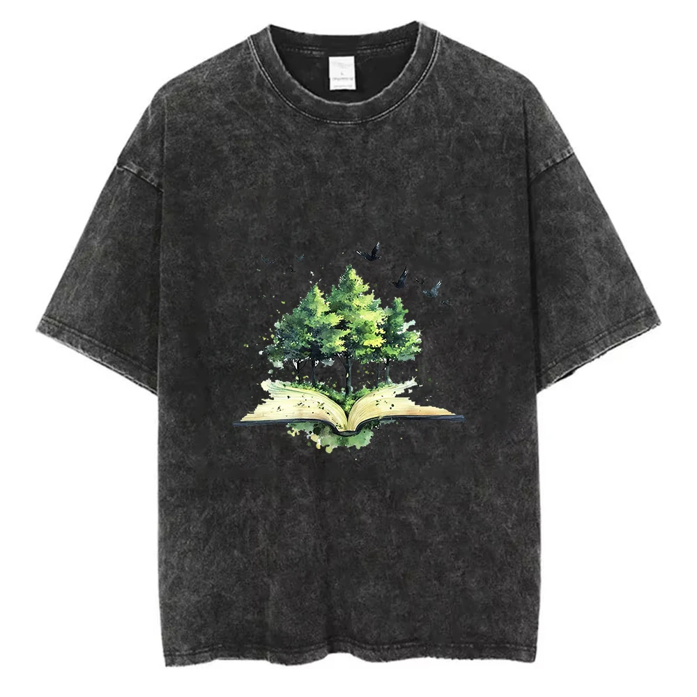 Tree Book Graphic T Shirt Vintage Washed Aesthetic Nature Reading Print Tee Unisex Casual Artistic Top Gift Book Lovers