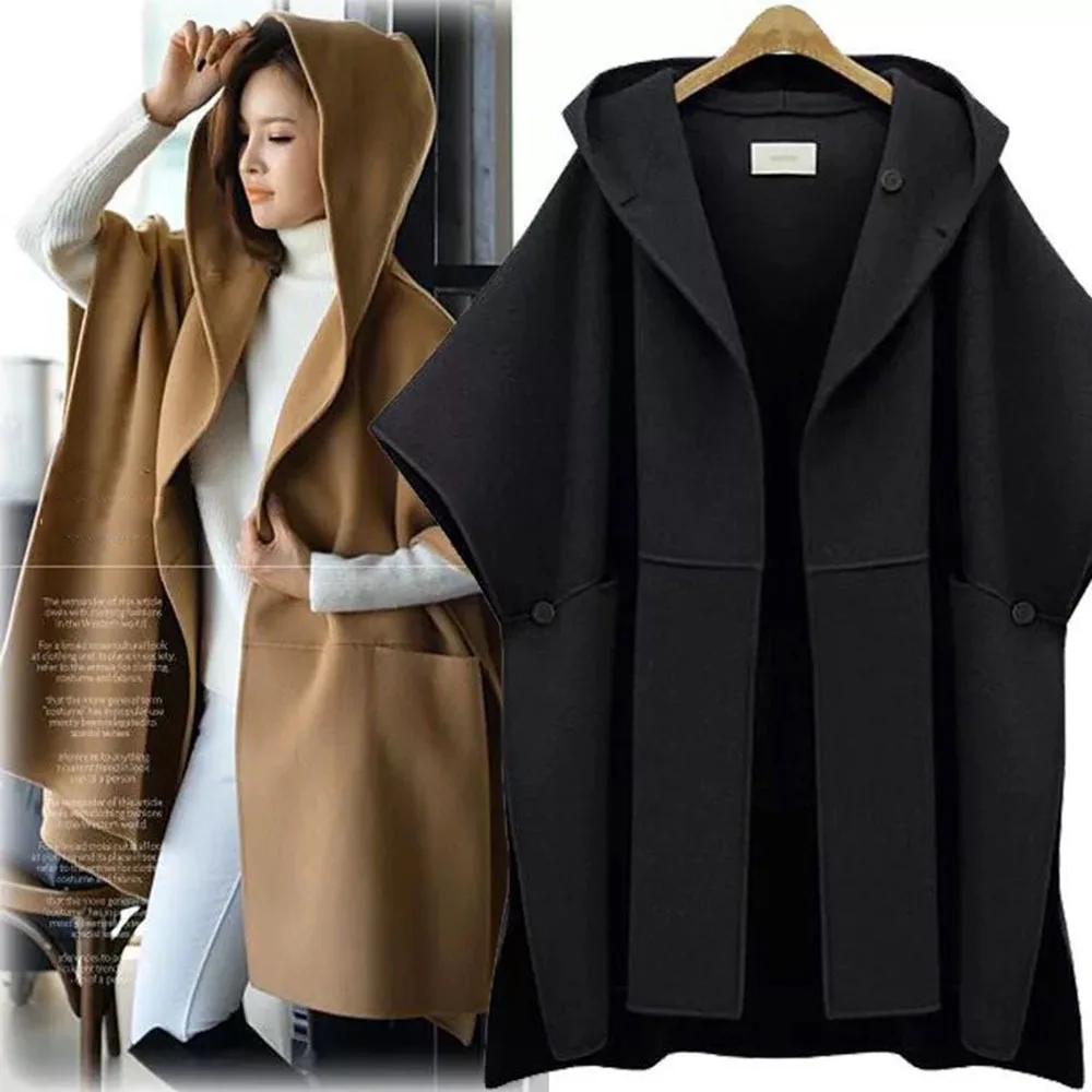 Korean Women 2023 Autumn Poncho Loose Cardigan Cape Outerwear Cloak Coat Solid Color Hooded Woolen Jacket Casual Overcoat Female