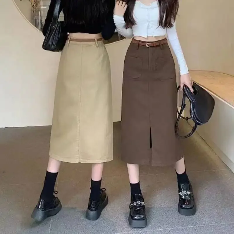 Korean Slim Fit Long Skirt Women Fashion with Belt High Waist Split Straight Skirt Woman All-Match Pockets Midi Skirts