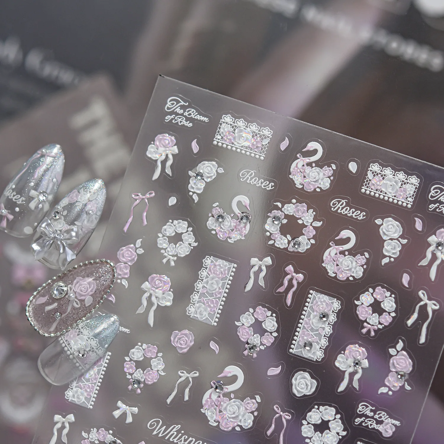 White Pink Gradient Rose Garland 5D Nail Stickers Swan Bow Pearl Lace Frame Rose Swan Self Adhesive Elegant Manicure Decoration