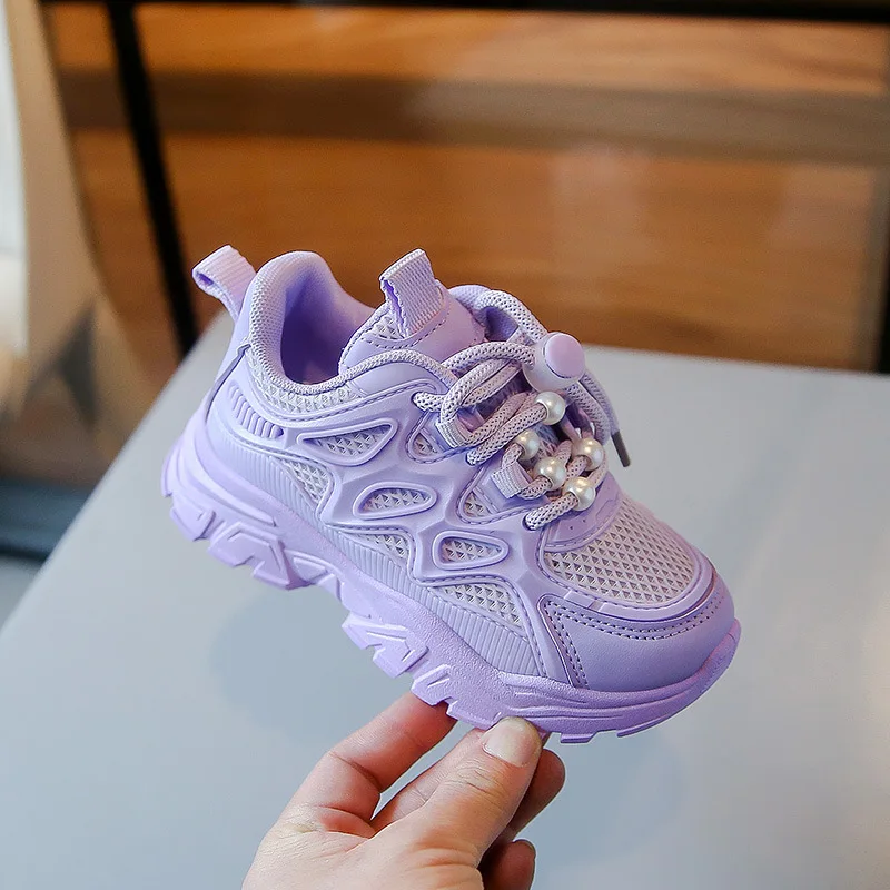 Spring New Middle and Large Girls Trend Mesh Upper Breathable Casual Shoes Cute with Pearls Running Shoes Student Chic Sneakers