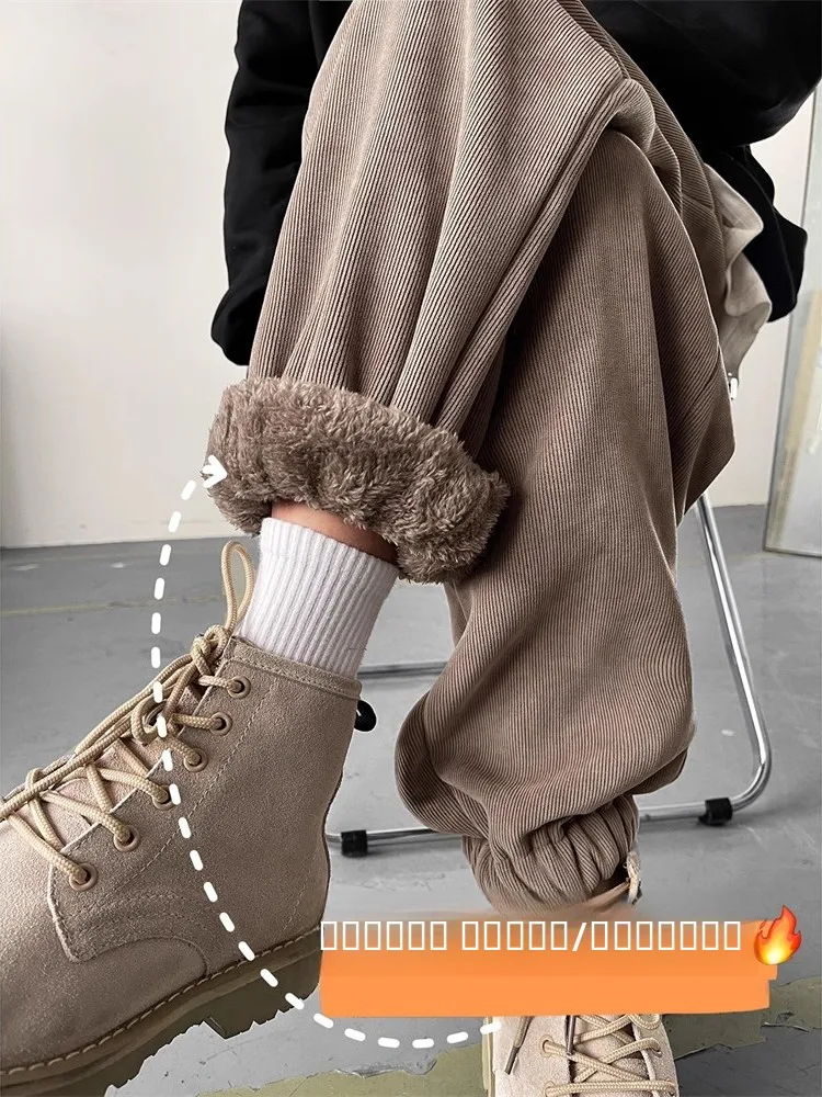 

Мужские зимние утепленные вельветовые брюки на флисовой подкладке с манжетами, свободного кроя, в американском ретро-стиле, молодежные, стильные, верхняя одежда