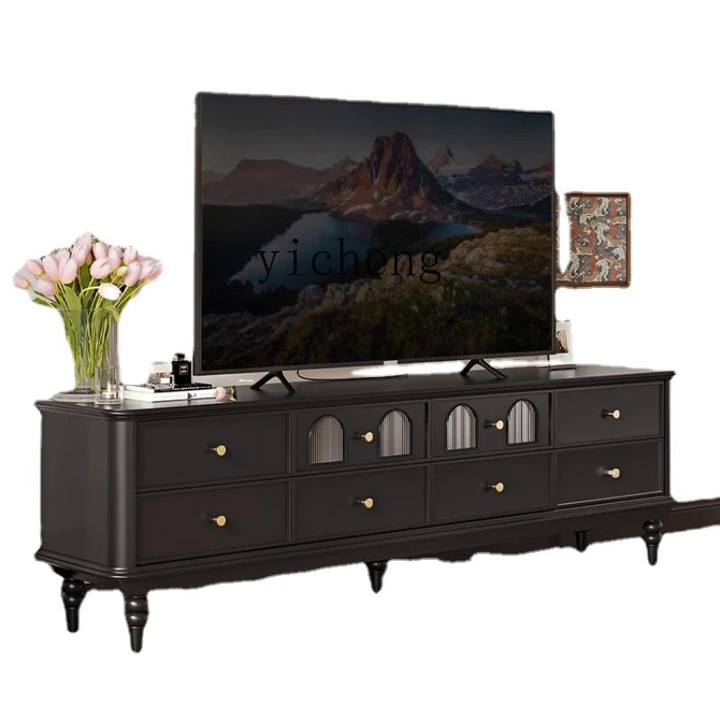 

Zc Retro Arch Black Solid Wood Glass TV Cabinet and Tea Table Small Apartment Living Room Combination