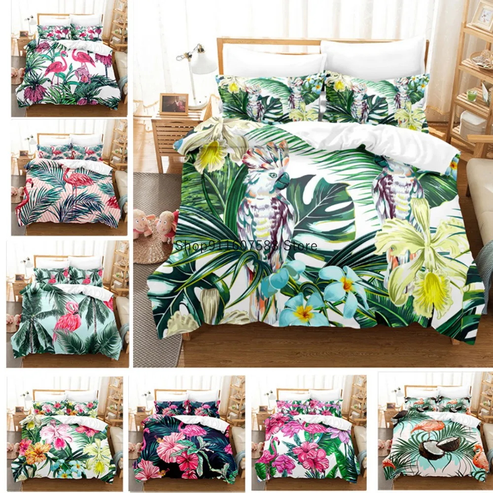 

Nordic Spring Green Leaves Bedding Set Flamingo Duvet Cover Set Soft Bedclothes 2/3pcs Adults Luxury Home Textiles 200x200cm