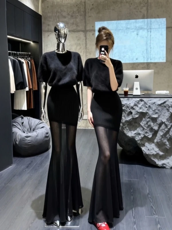 

Spring 2026 Pure Desire round Neck Knitted Top Hollow out Wrap around Fish Tail Skirt Two Piece Set Women's Fashion Ense...
