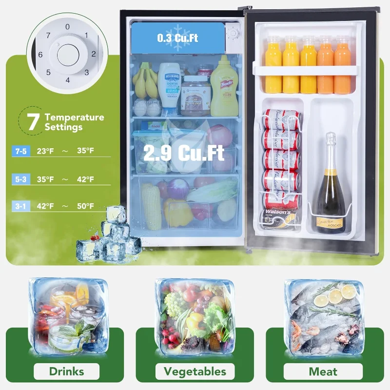 3.2 Cu.Ft Small Fridge with Freezer, Reversible Door Compact Refrigerator, Energy-saving, Low Noise, Mini fridge for Bedroom