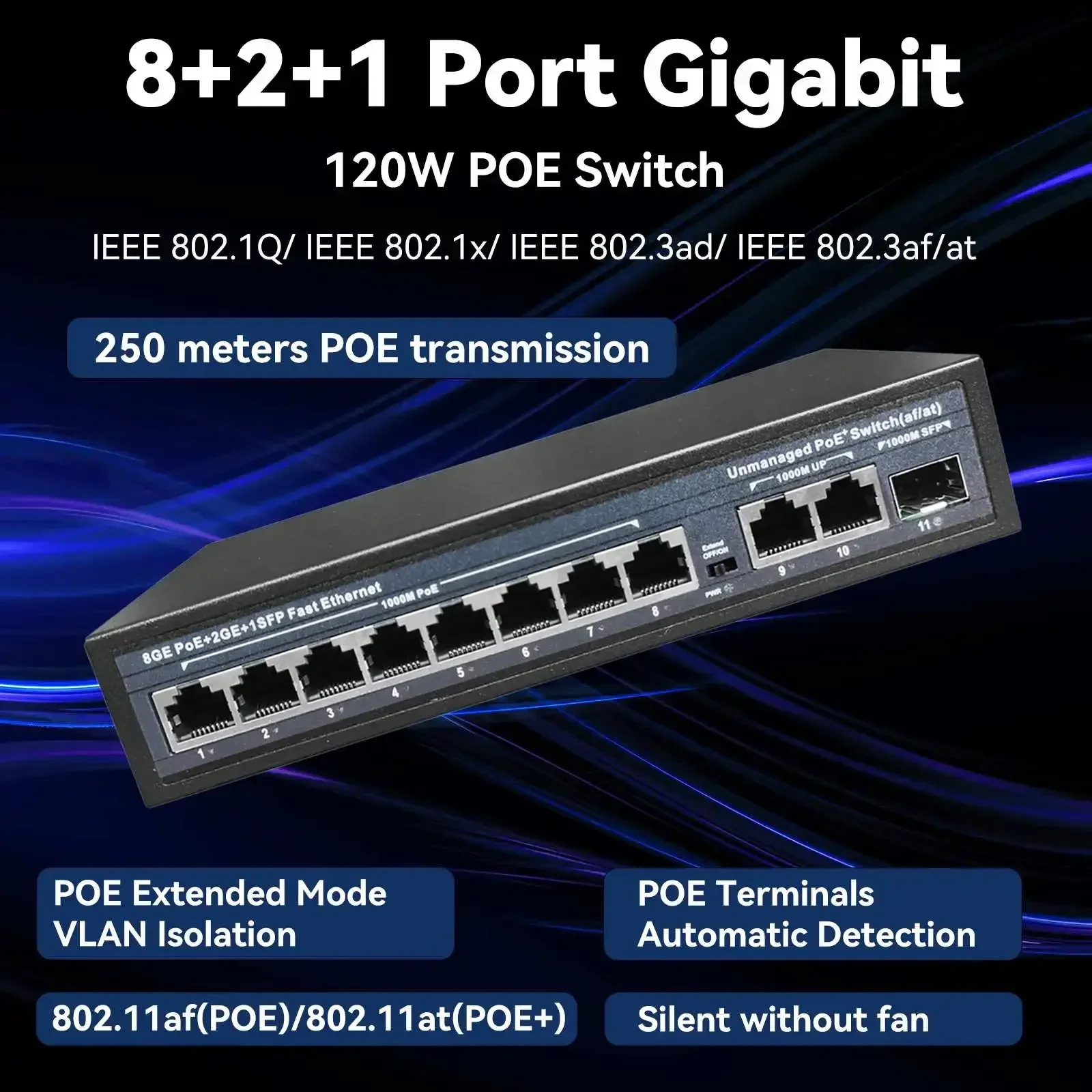 Full Gigabit POE Network Ethernet Switch Unmanaged Hub 120W 8 POE +2 RJ45 +1 SFP Uplink Ports 1000Mbps 802.3 Af At for CCTV