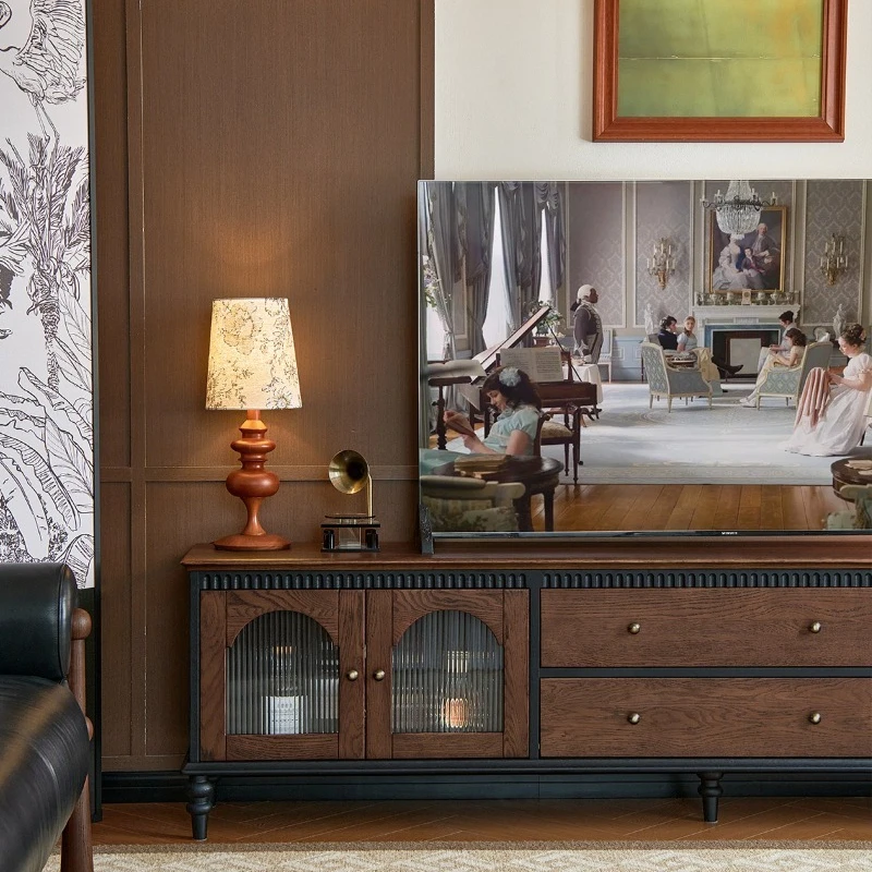 

Red oak TV cabinet, living room French retro storage and storage integrated household antique floor cabinet