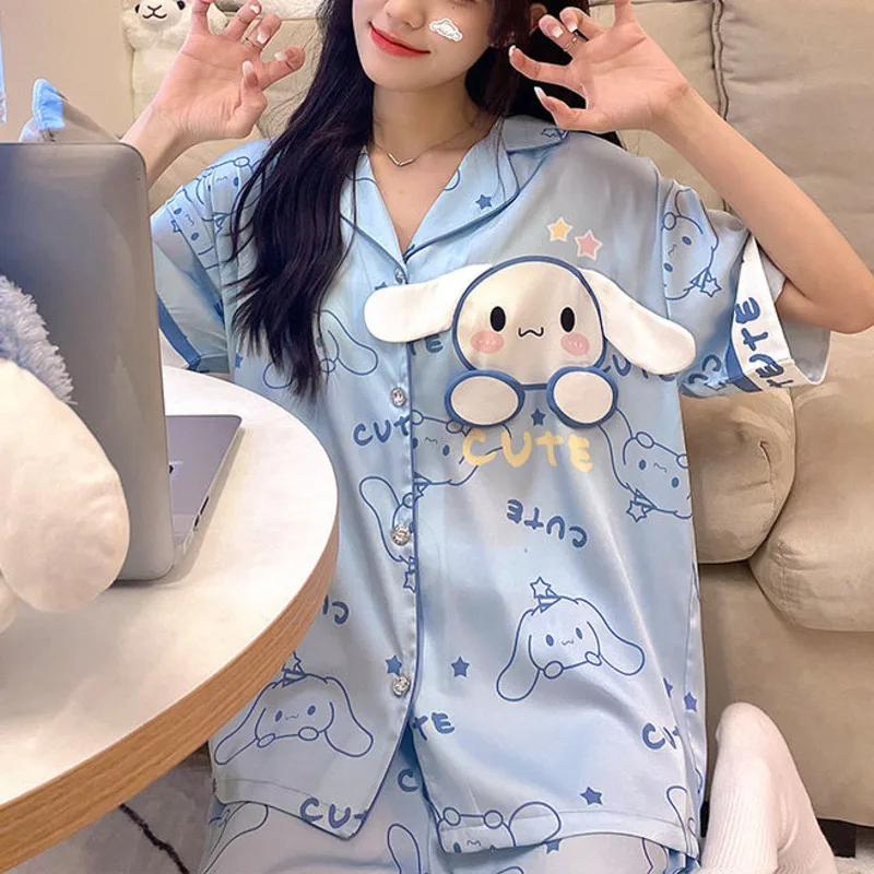 Sanrio Cinnamoroll Cute Pajamas For Women Short Sleeve Cartoon Fashion Print Sleepwear Home Clothes Two-piece Set Pijama Suit