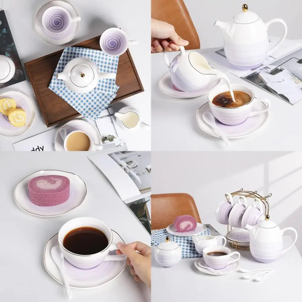 Juego de té de porcelana púrpura de 8oz para 4, incluye tetera, azucarero, crema, cucharaditas y colador para un té elegante de la tarde o