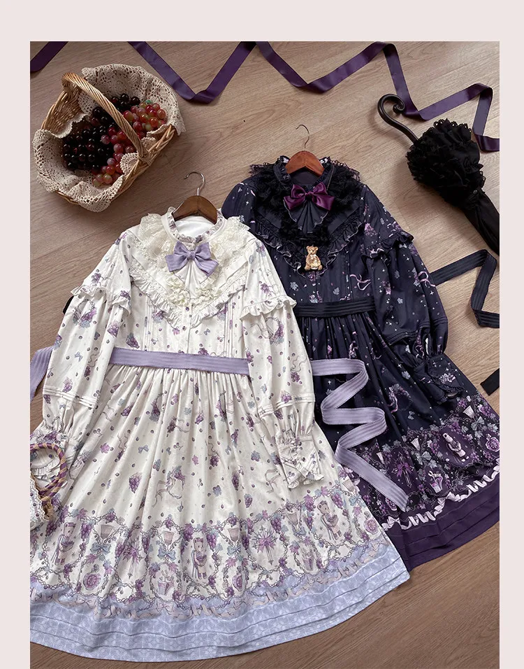 เดรสลายหมีวินเทจพิมพ์ลายองุ่น CLA ชุดเดรสยาวสไตล์โลลิต้า แขนยาว สำหรับฤดูใบไม้ผลิและฤดูใบไม้ร่วง สีดำ สีม่วง ชุดเดรส OP สำหรับผู้หญิง