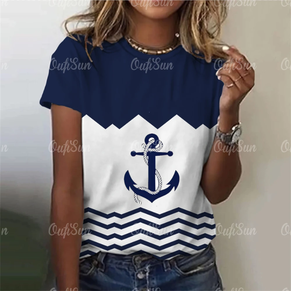 Women\'s T Shirt Ship Anchor Print Summer Casual Short Sleeve 3d T Shirts Streetwear O Neck Pullover Oversized Female Clothing