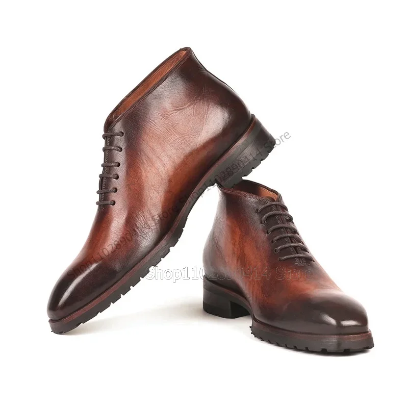 

Brown Black Gradient Color Strappy Ankle Boots Fashion Lace Up Men Shoes Luxurious Handmade Party Feast Banquet Men Dress Shoes