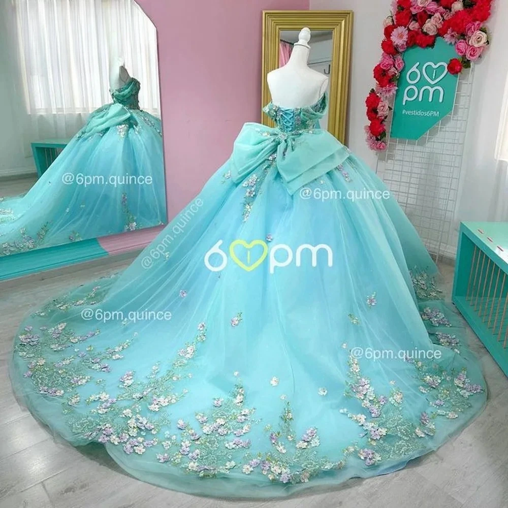 Vestidos de princesa turquesa para quinceañera, vestido de baile con hombros descubiertos, apliques dulces 16, 15 Años, mexicano