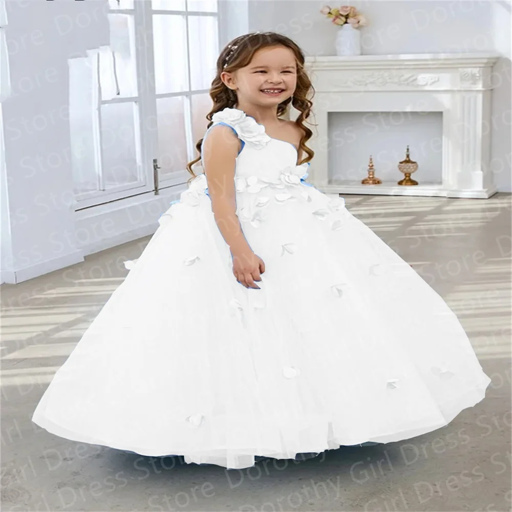 White One Shoulder Cute Flower Girl Dresses Tulle  For Child Birthday Party Banquet Princess Official Events Gowns