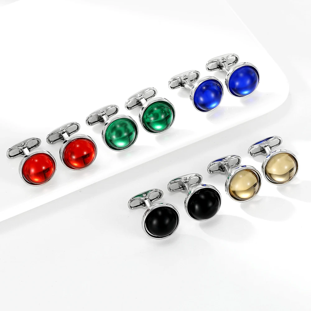 Mens Red Green Blue Black Brown Colors Cabochon Glass Round Cufflinks Unique Whale Back Closure Time Gem Cuff Button