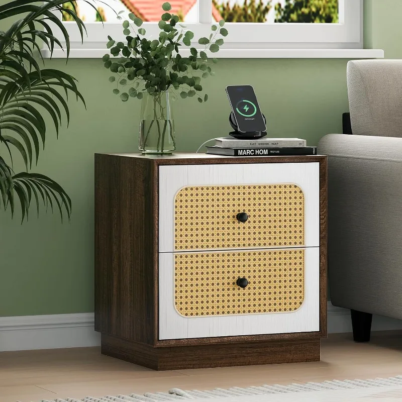 

Mid Century Modern Nightstand with Charging Station, Nightstand with 2 Rattan Drawers, Walnut Oak 1 pc)