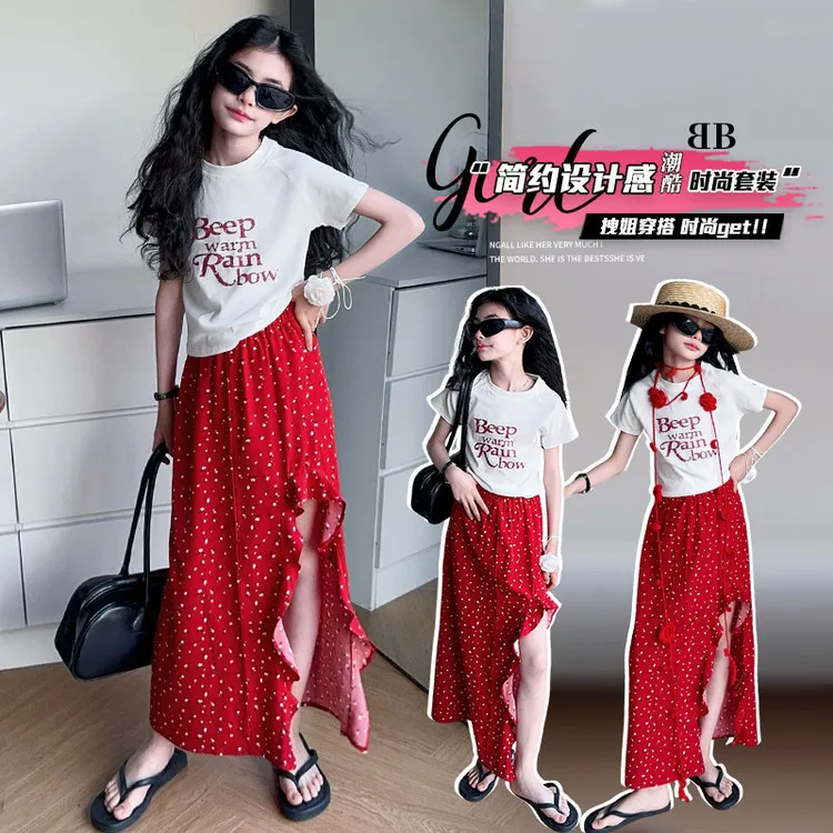 

chic Vacation style teen girls skirts sets cotton top t-shirt+Lotus leaf edge split dot skirt 2pcs junior kid suit child outfits