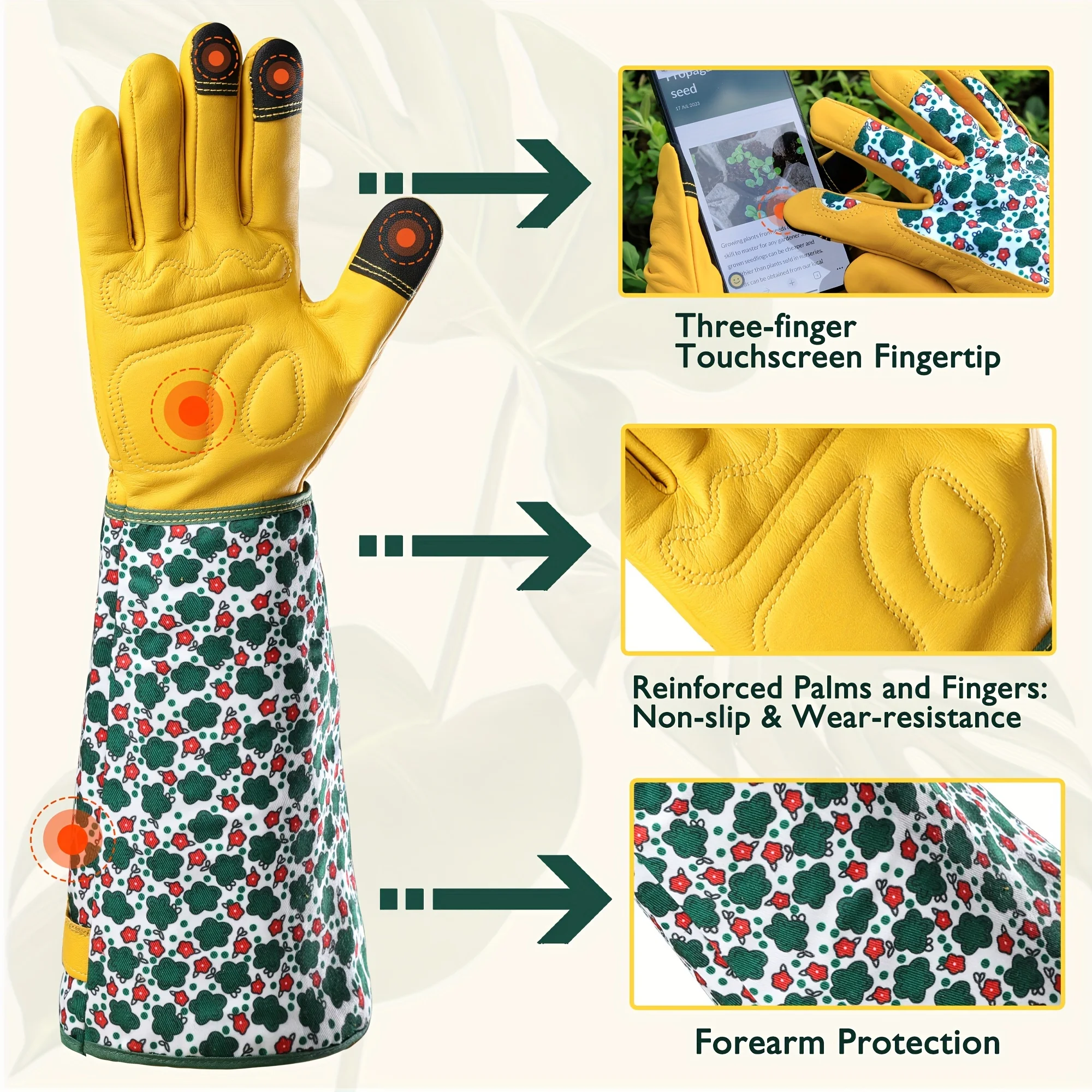 1 pair of durable women\'s long gardening gloves, thorn-proof, with green print and breathable cowhide, suitable for yard work