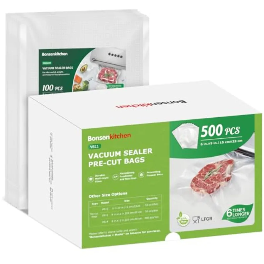 

Precut Vacuum Food Sealer Bags 100 Pint 6" x 10" 500 Pint 6" x 9" Food Sealer BagsCommercial Grade BPA Free Heavy Duty Customiz