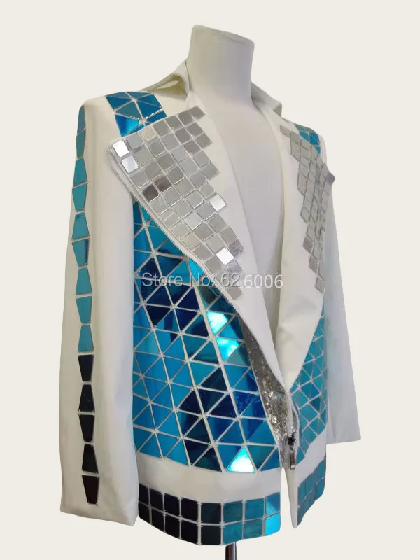 Customized Handmade Men's Mirror Lens Jacket Costumes Nightclub Bar Male Singer DJ White Suit Party Show Stage Performance Coat