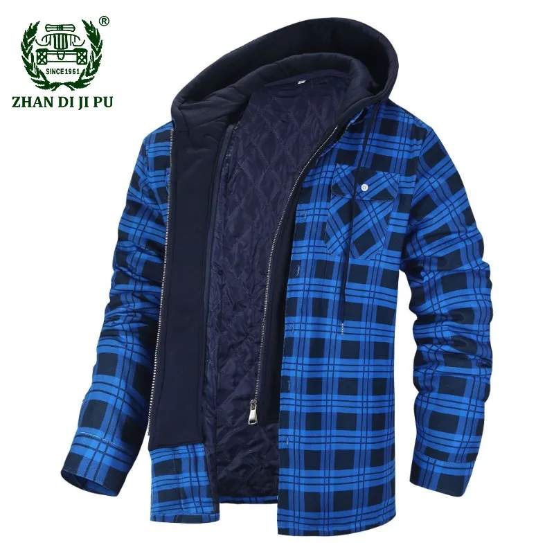 Winter Shirt Men Plaid Hooded Casual Shirts Thick Warm Shirts Men Loose Y2k Military Shirt Men Handwork Korean Fashion Coats Men