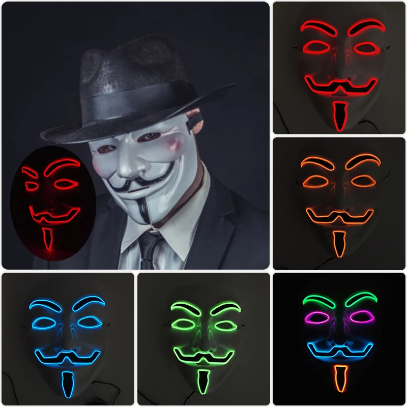 Luminous LED Neon Light Cosplay V For Vendetta Mask Guy Fawkes Light-Up Anonymous Mask Halloween Carnival Party Props In Dark