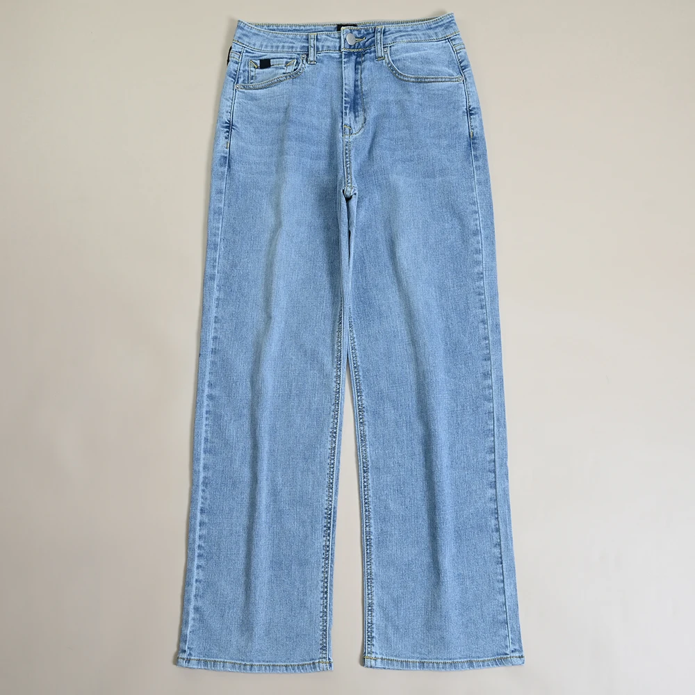 

High Waist Straight Leg Denim Jeans Women's Summer New ket Emblem Waed Cotton Long Pants Casual Wide Leg Zipper Sle