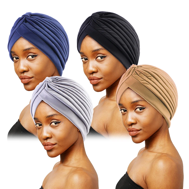 

4PCS/LOT Women Knotted Turban Headbands Muslim Hijab Hat Stretchy Bandanas Cancer Chemo Cap Islamic Hair Loss Cover Beanie