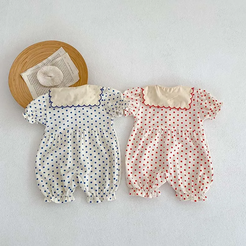 2023 New In Summer Puff Sleeve Dot Embroidery Flower Ruffles Outfits Infant Kids Baby Girls Jumpsuits Newborn Cotton Romper