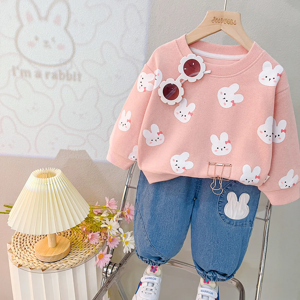 Spring Autumn Baby Boys Girls Clothing Sets Cute Cartoon Bear Rabbit Sweatshirt Tops + Denim Pants Jeans Kids Casual Clothes