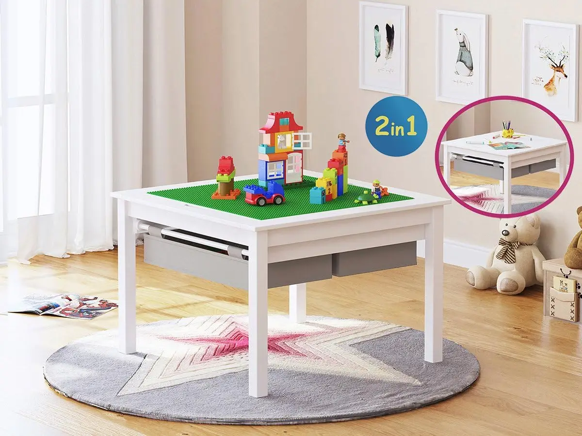 2 in 1 Kids Construction Play Table with Storage Drawers and Built in Plate (White)