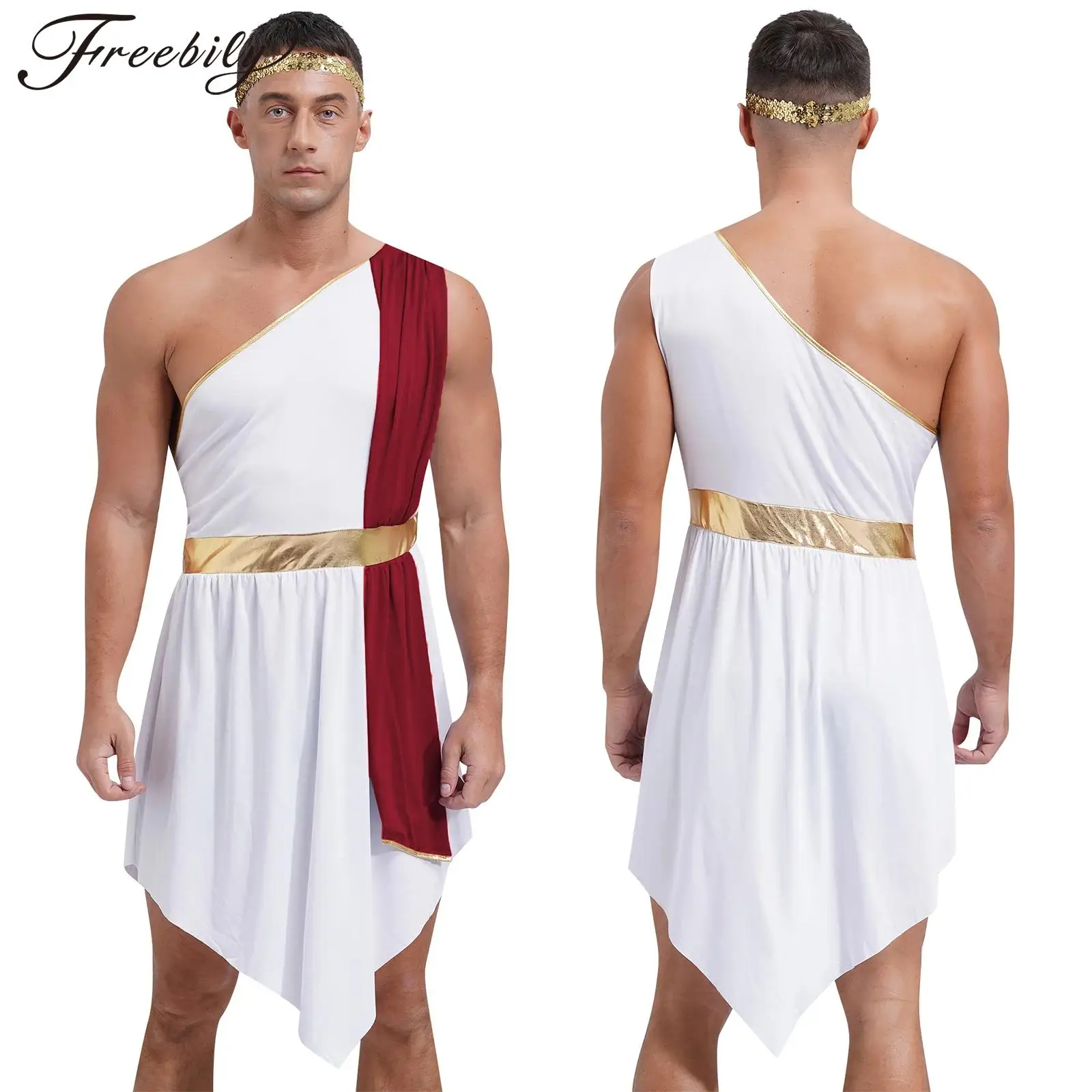 

Men Ancient Greek Roman God Cosplay Costume Halloween Mr.Toga King Prince Role Play Outfit One Shoulder Robe Dress with Headband