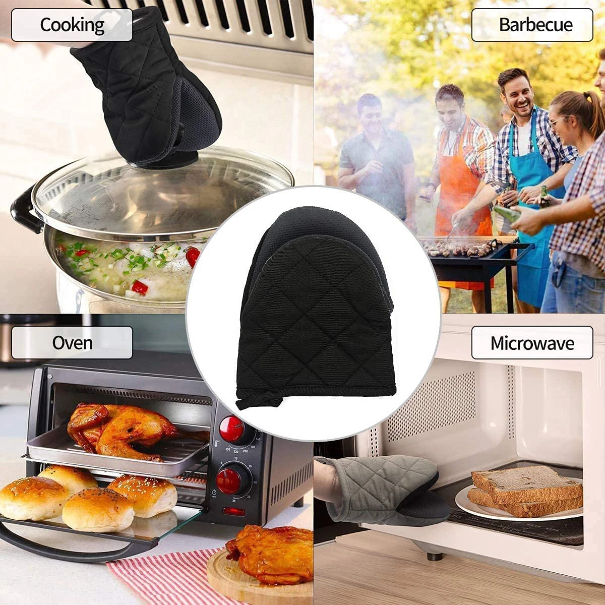 1 Pair Short Oven Mitts Silicone Kitchen Oven Gloves High Heat Resistant