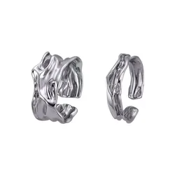 Silver Color Tin Foil Texture Rings Lovers Irregular Geometric Ruffle Adjustable Ring Women Wide/Narrow Side Open Couples Rings