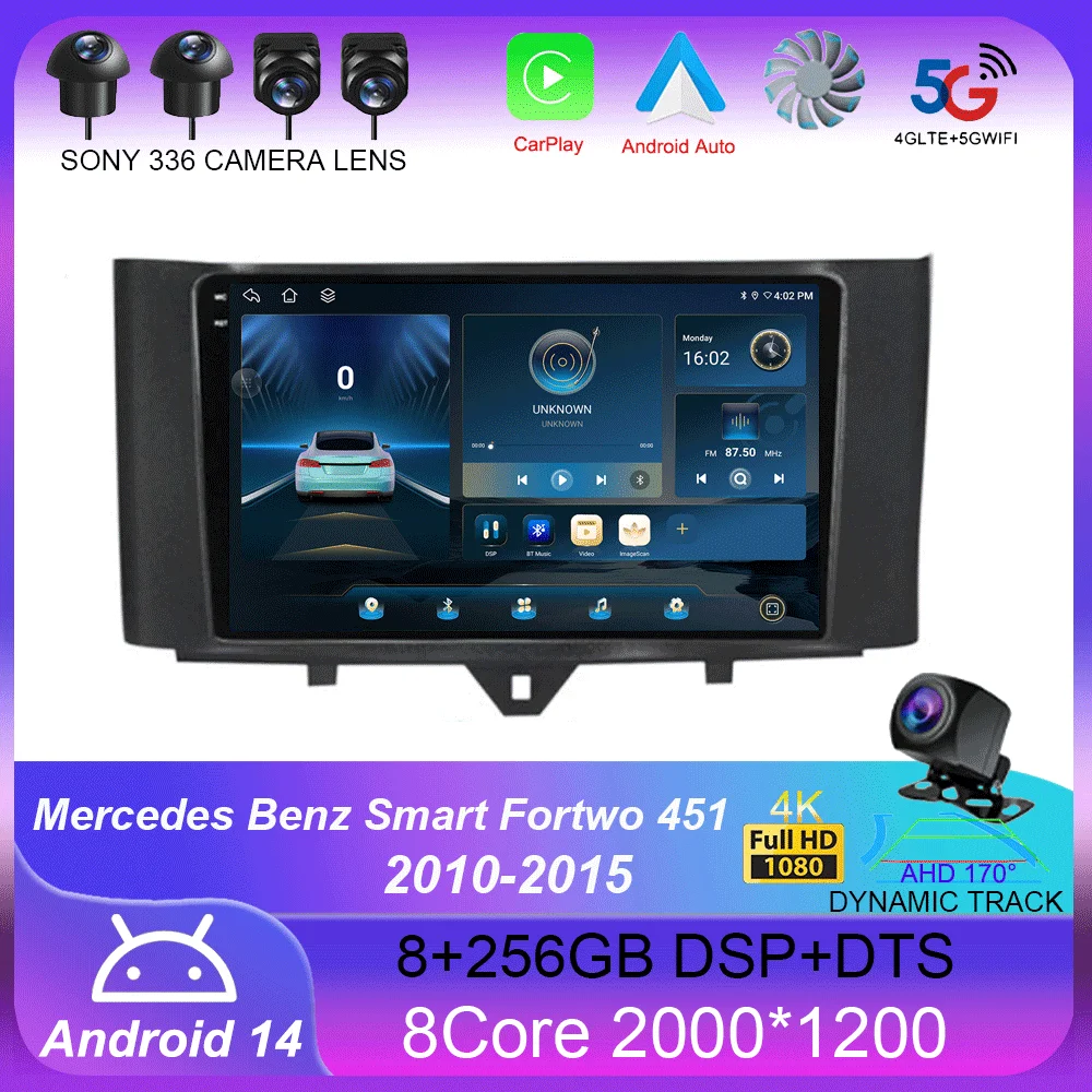 Android 14 Carplay Auto Car Raido For Mercedes Benz Smart Fortwo 451 2010-2015 Multimedia Video Player Autoradio GPS 4G Stereo 