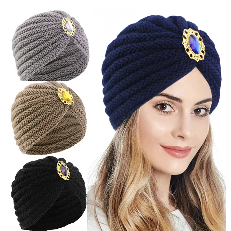 

New women's Sparkly Rhinestone Decor Pleated Turban Elastic Winter Warmer Ear Knitted Headband Beanies Headscarf Chemo Cap