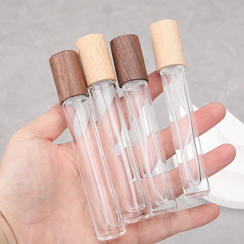 10 مللي زجاجة رذاذ زجاجية موزع زجاجات مع غطاء خشبي السفر إعادة الملء عينة الجوز غطاء حاوية رذاذ عطر فارغة